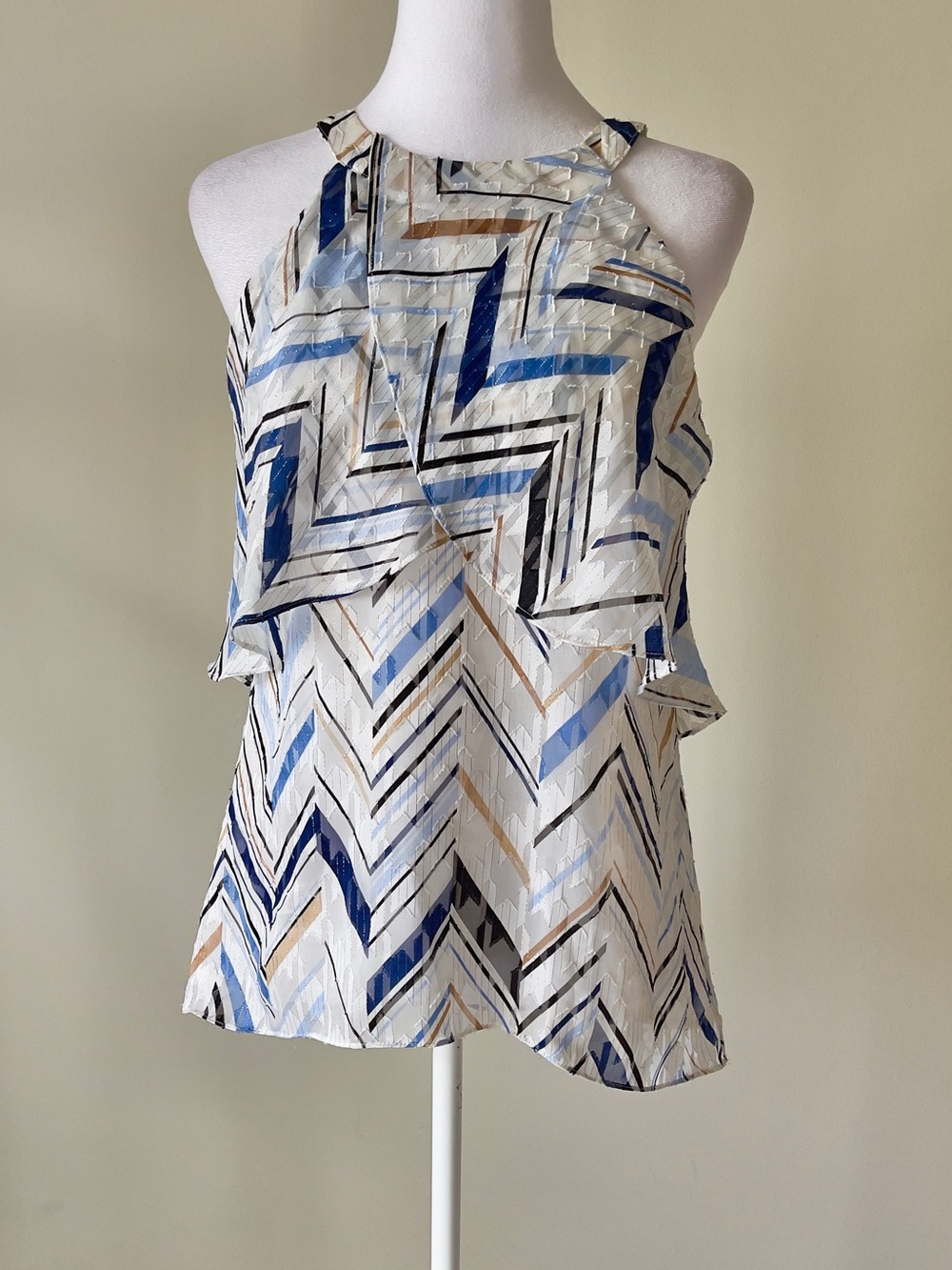White House Black Market Sleeveless Chevron Print Halter Top in Blue & Cream EUC